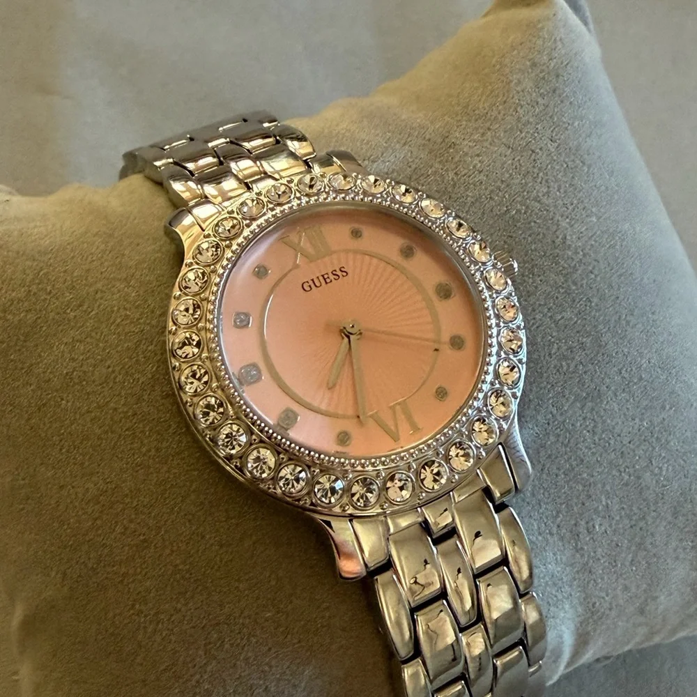 GUESS Silver Tone Bracelet Watch Pink Crystal Bezel Stainless Steel Women’s